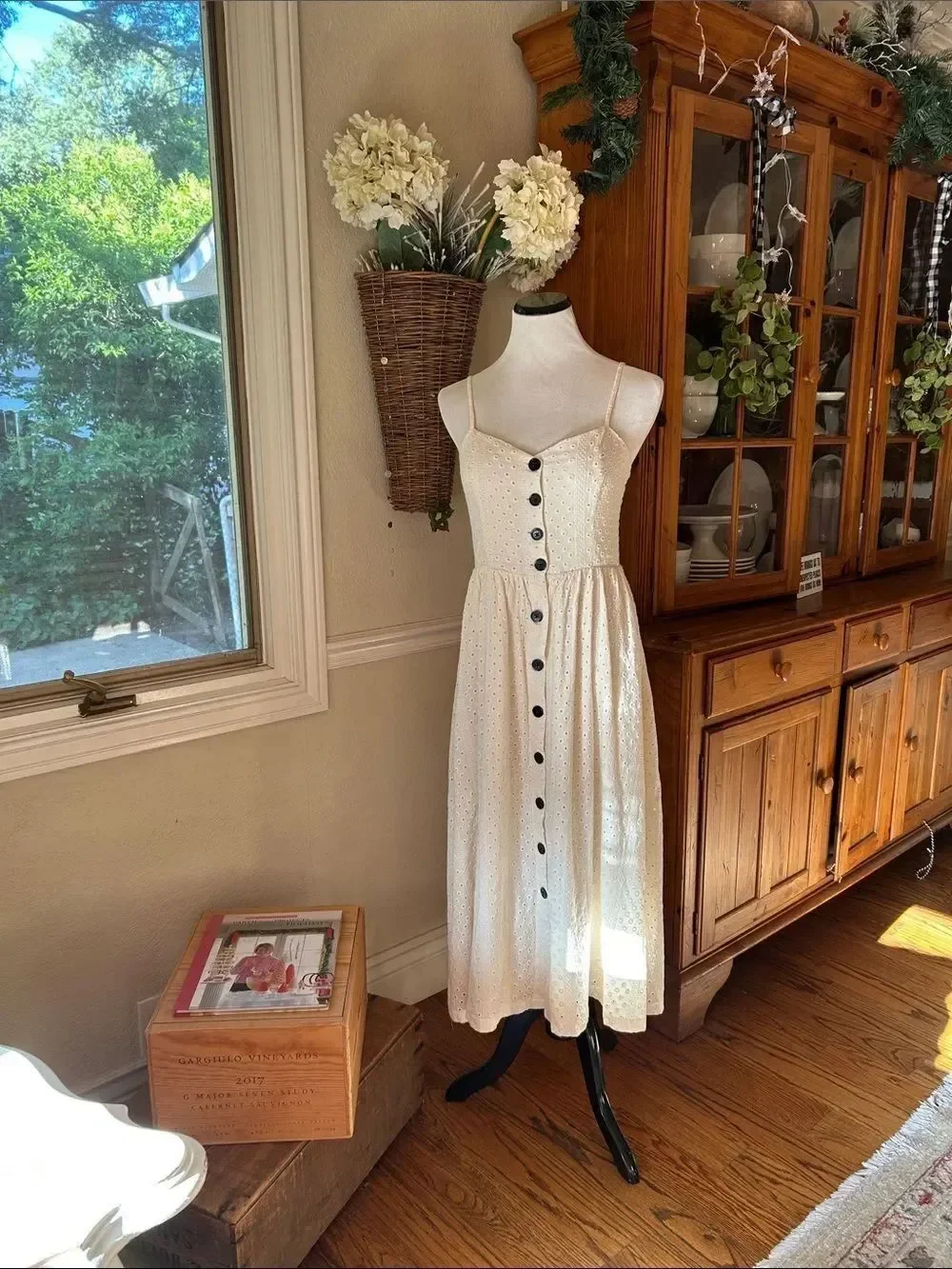 Urban Outfitters Abbey Cream Eyelet Fully Lined Button-Front Midi Dress